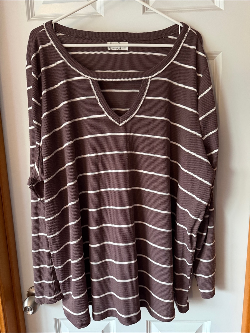 Maurices 24/7 3x Brown and White Striped V-Neck Long Sleeve Top